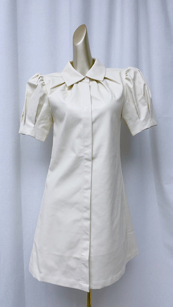 AIIZIE WHITE LAPEL COLLAR LEATHER PUFF SLEEVES MINI DRESS - product image