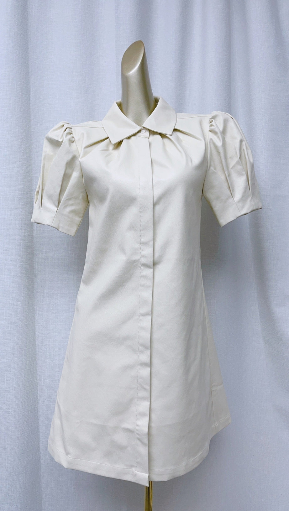 WHITE LAPEL COLLAR LEATHER PUFF SLEEVES MINI DRESS