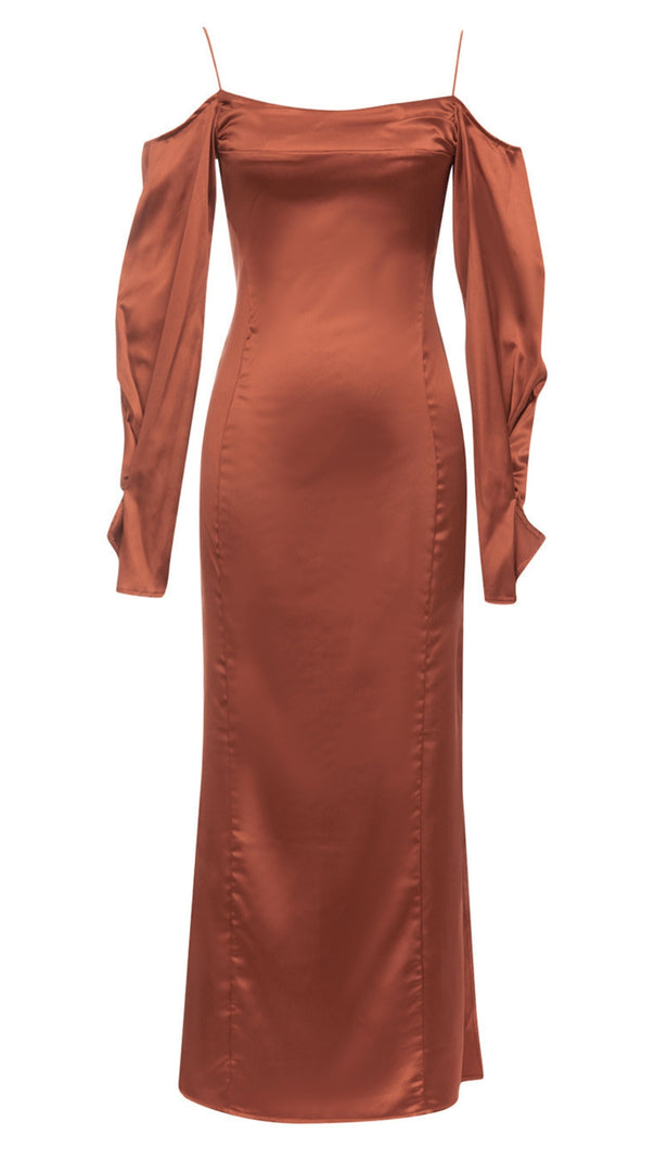 AIIZIE SPAGHETTI - STRAP OFF - SHOULDER SATIN MIDI DRESS IN BROWN - product image