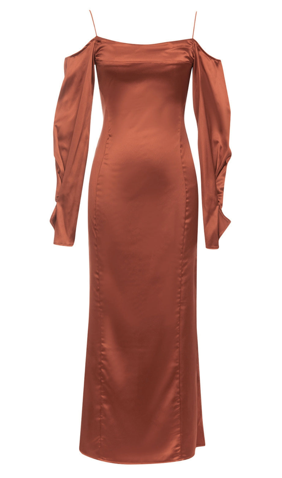 Schulterfreies Midikleid aus Satin mit Spaghettiträgern in Braun