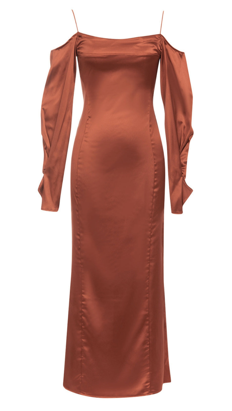 SPAGHETTI - STRAP OFF - SHOULDER SATIN MIDI DRESS IN BROWN