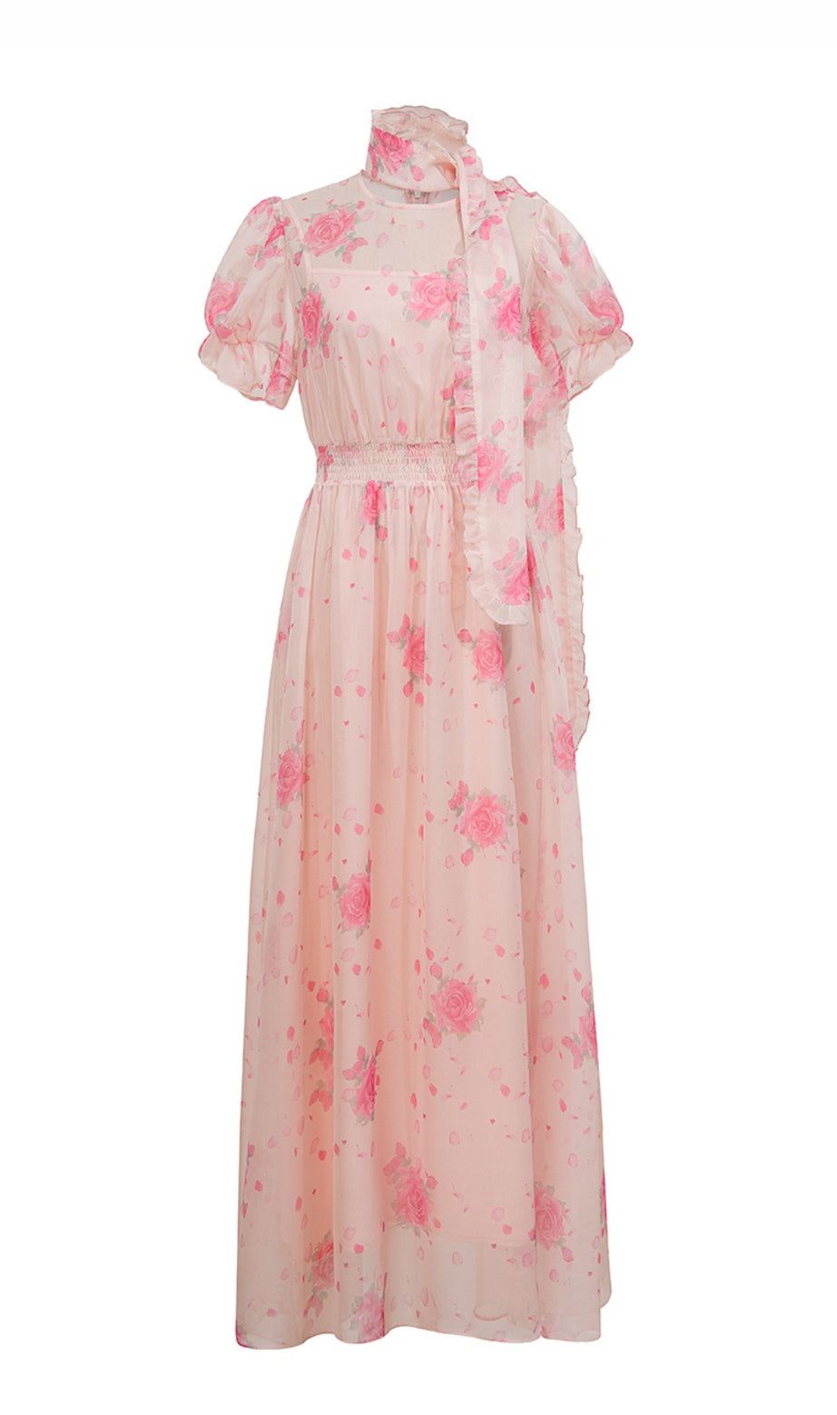 Pink Floral Chiffon Maxi Dress with Bow Neckline