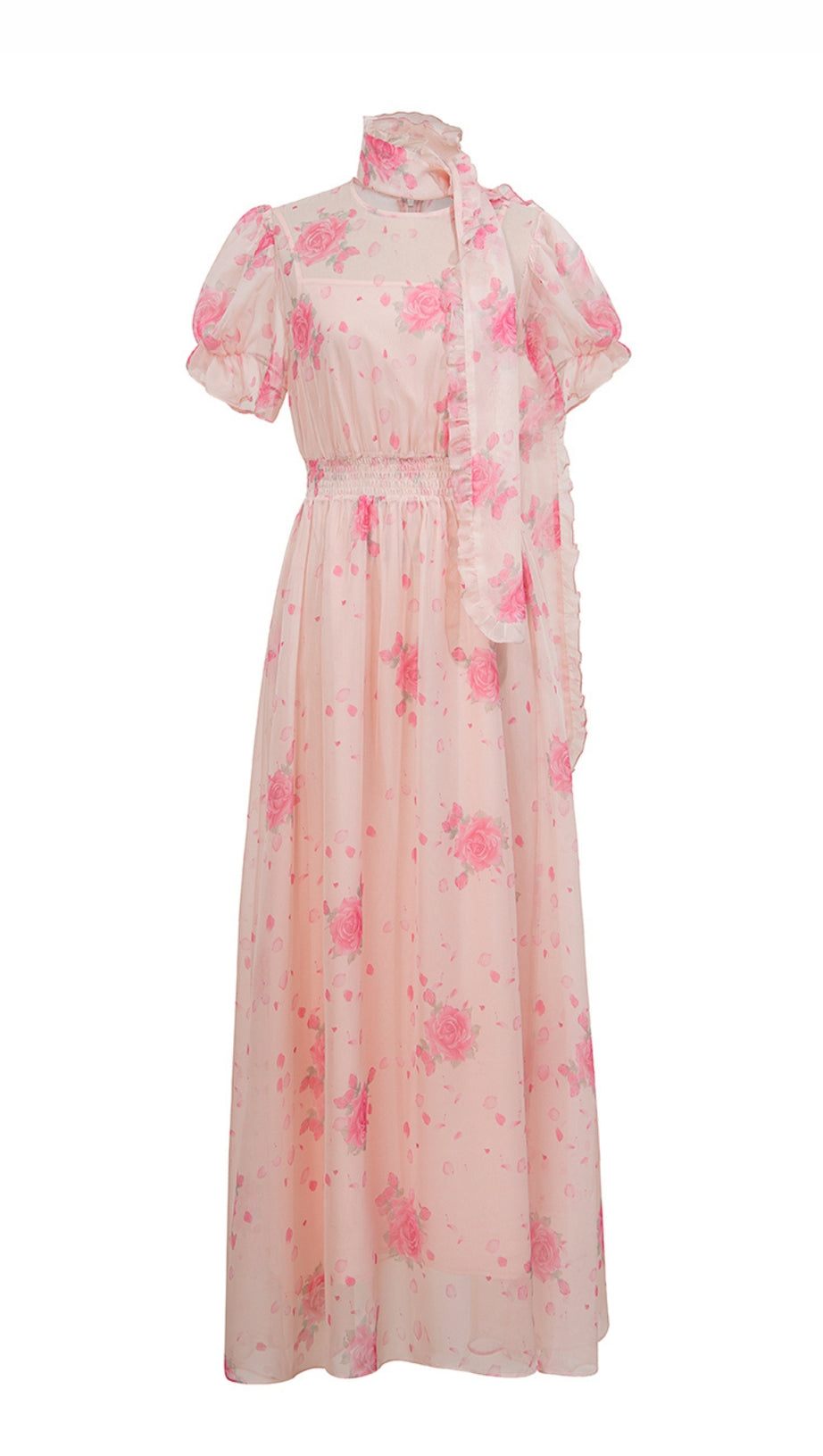 PINK FLORAL CHIFFON MAXI DRESS WITH BOW NECKLINE
