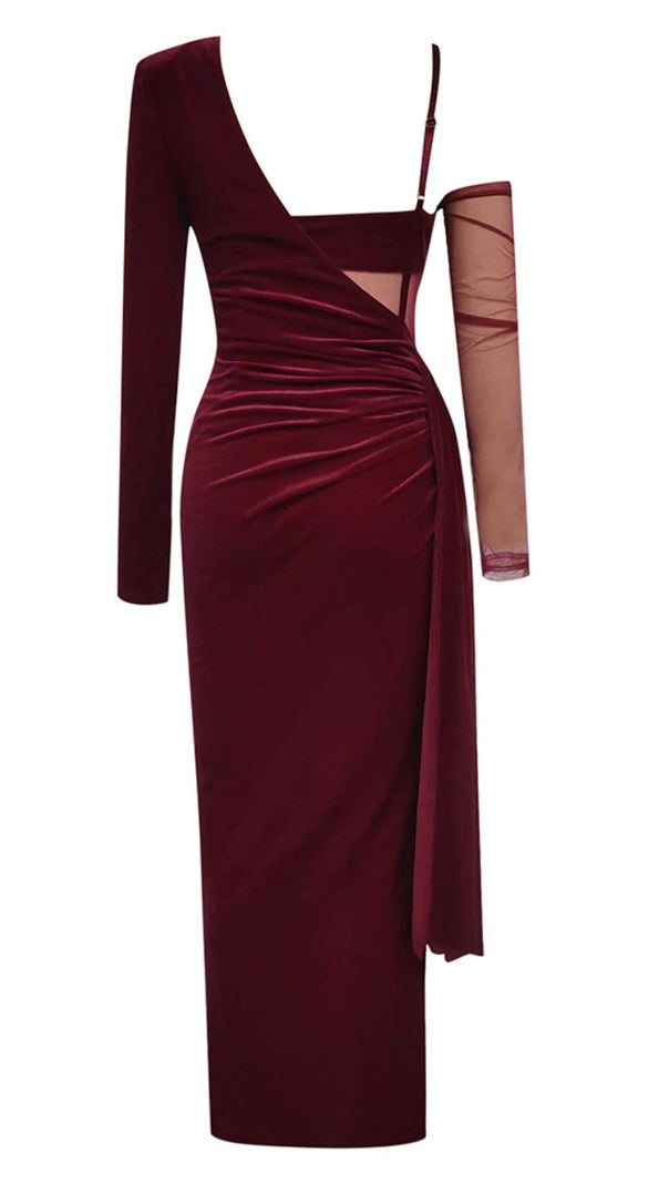 AIIZIE VELVET ONE - SHOULDER MESH - ACCENT MIDI DRESS IN DARK RED - product image