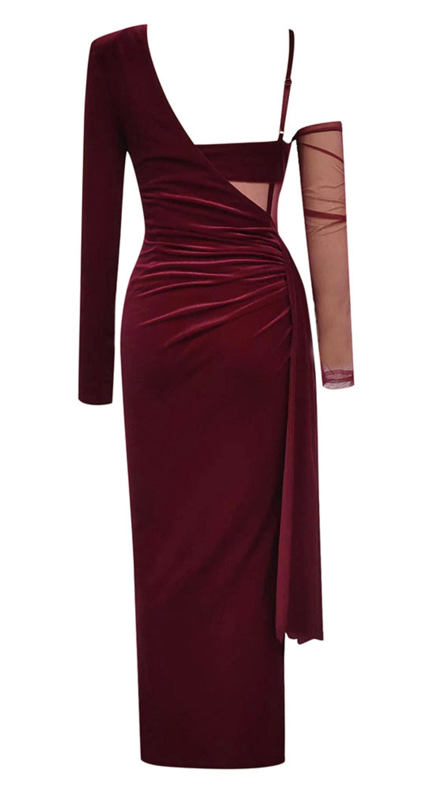 Samt-Midikleid mit One-Shoulder-Mesh-Akzent in Dunkelrot