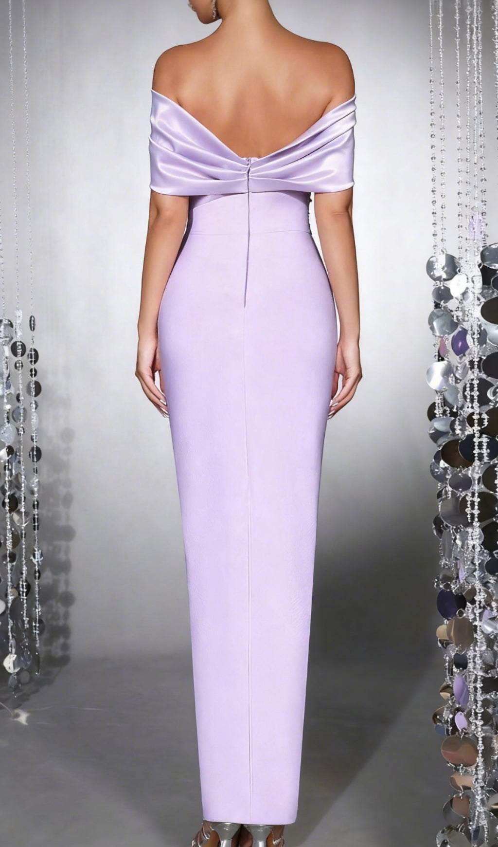 AIIZIE BELEN DIAMOND OFF-SHOULDER BODYCON MAXI BANDAGE DRESS IN PALE PURPLE - product image
