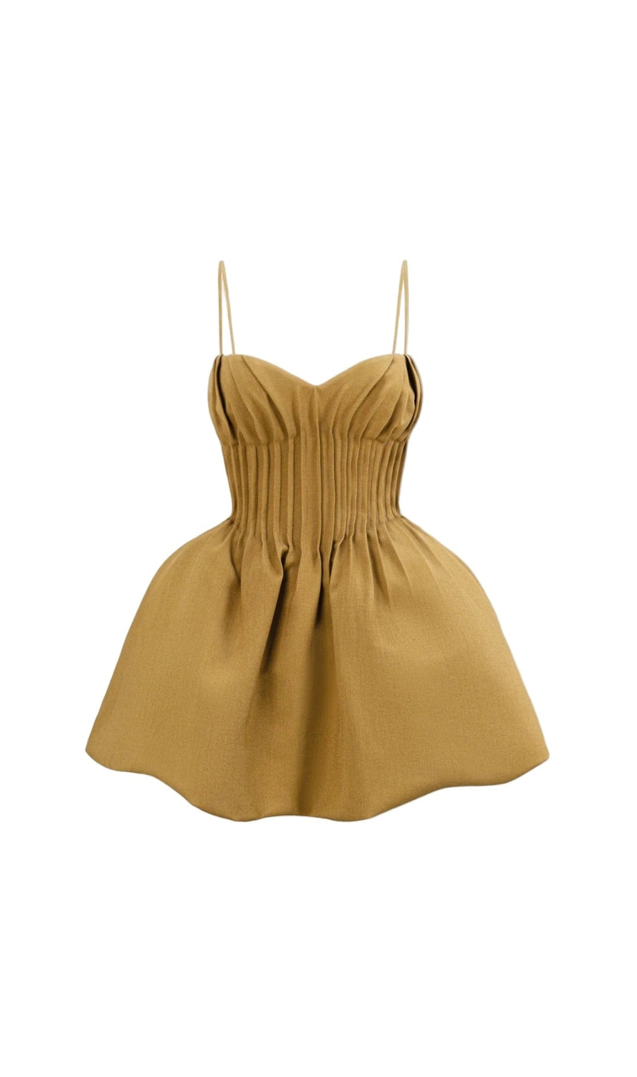 rita pleated slim puffy mini dress in camel