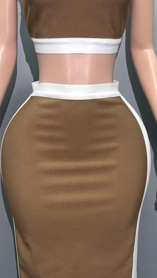 AIIZIE CORA WHITE STRIPED PATCHWORK MAXI BANDAGE SET - BROWN - product image