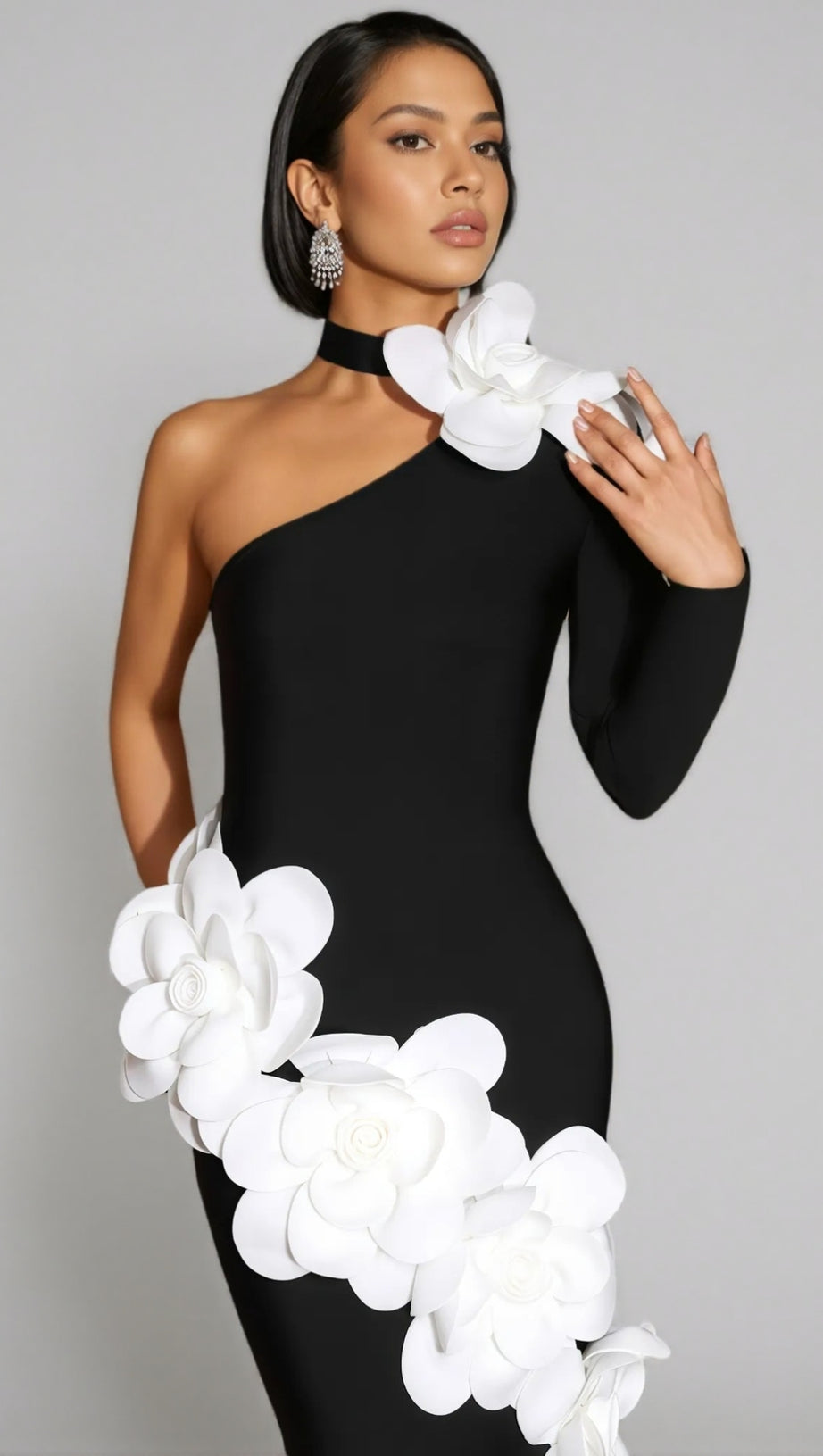GEMMA ONE SHOULDER 3D FLOWER BANDAGE MAXI DRESS IN BLACK