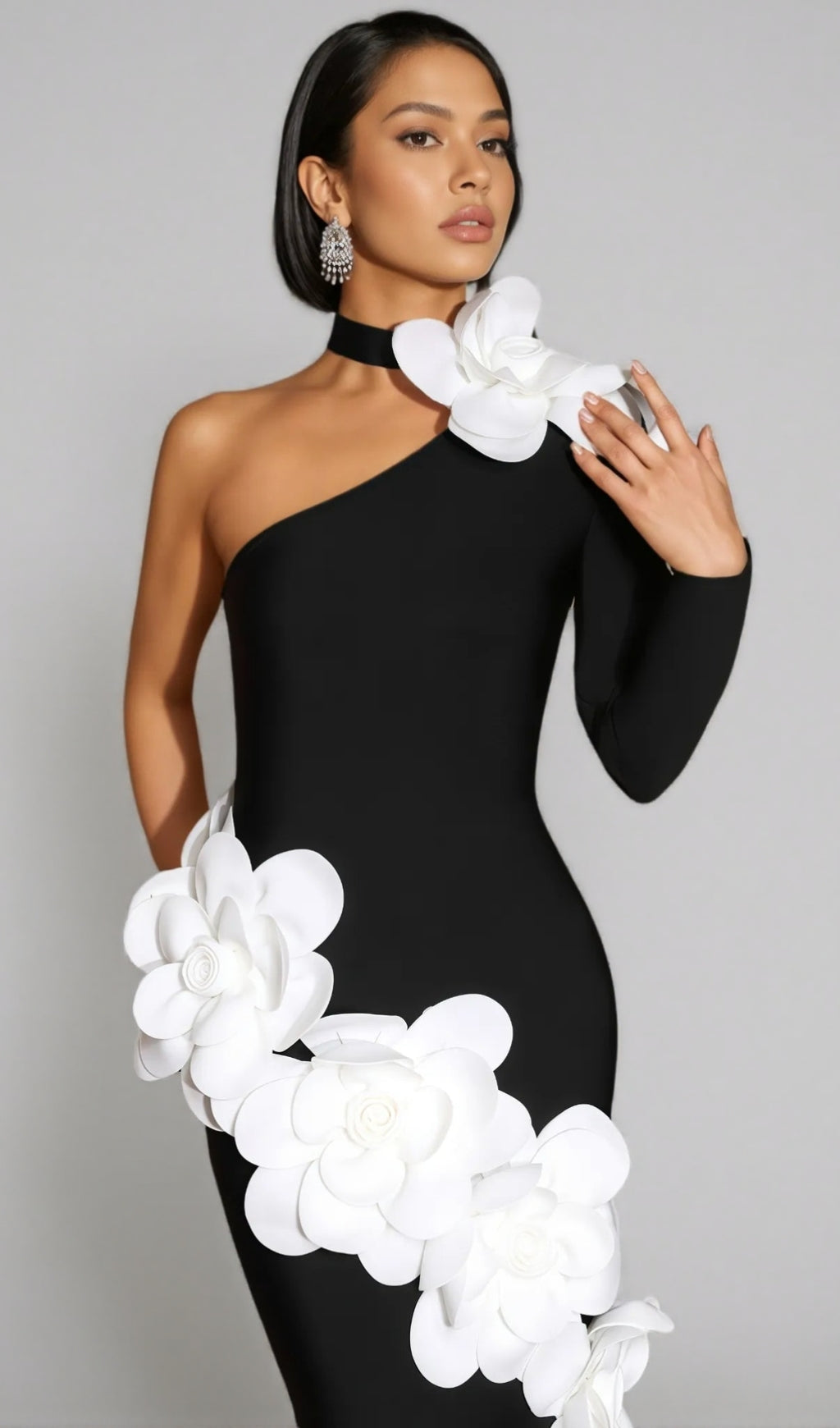 AIIZIE GEMMA ONE SHOULDER 3D FLOWER BANDAGE MAXI DRESS IN BLACK - product image