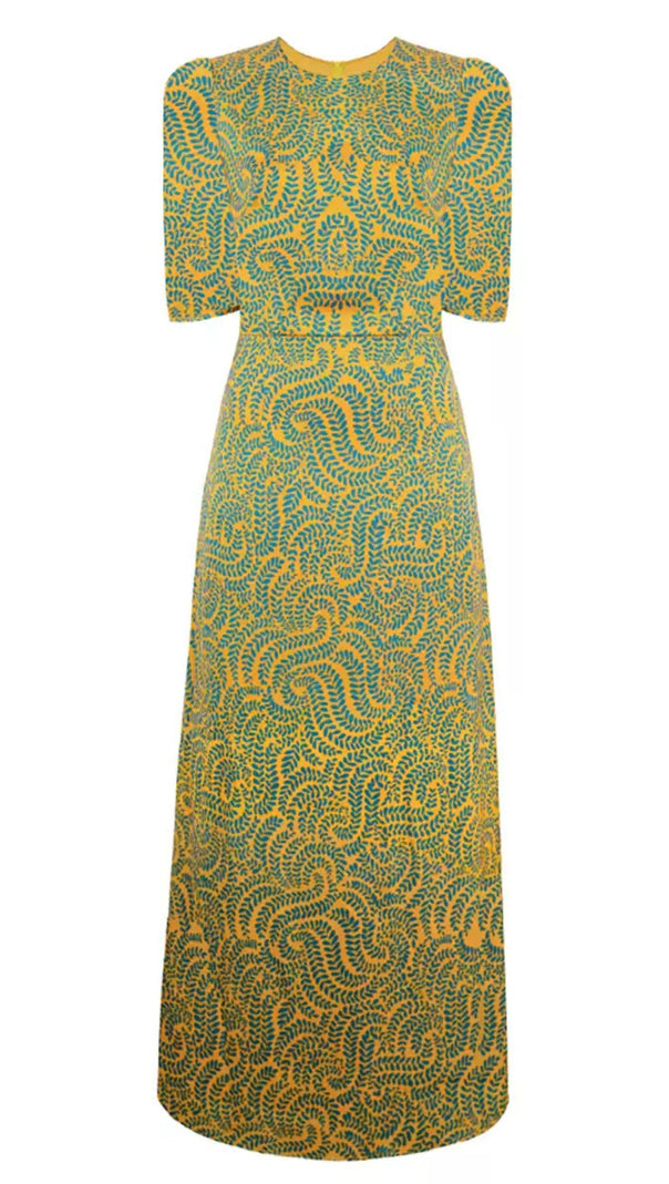 AIIZIE GREEN SATIN PRINTED SHORT - SLEEVE MAXI DRESS - product image