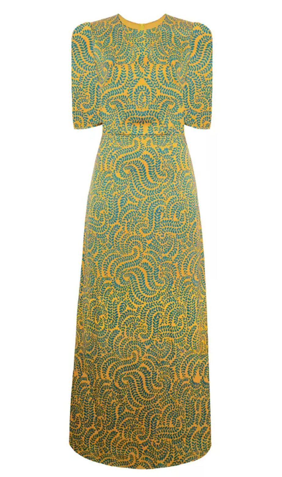 GRÜNES SATIN-MAXIKLEID MIT KURZEN ÄRMELN UND DRUCK 