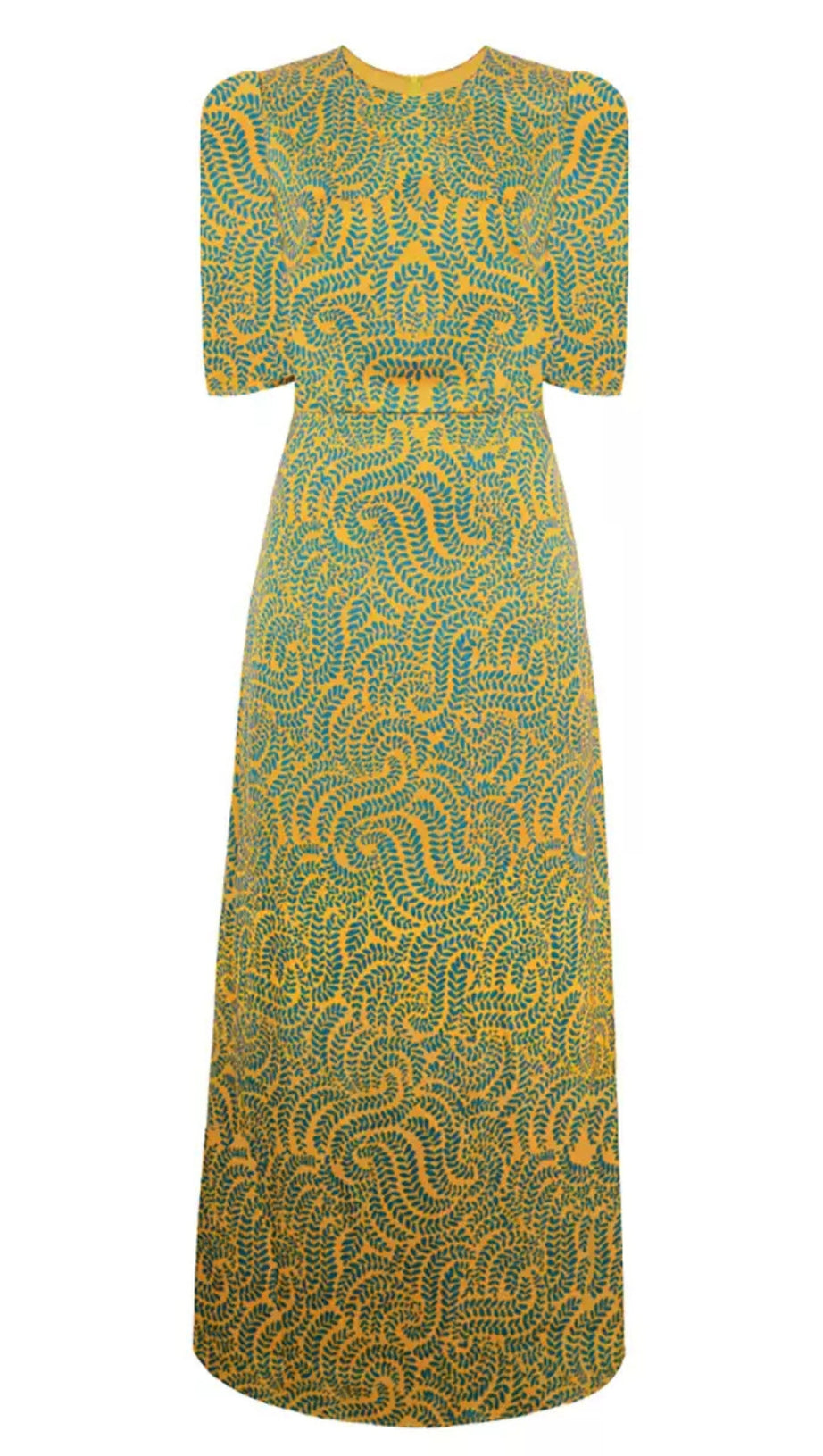 ABITO LUNGO A MANICHE CORTE STAMPATO IN RASO VERDE 