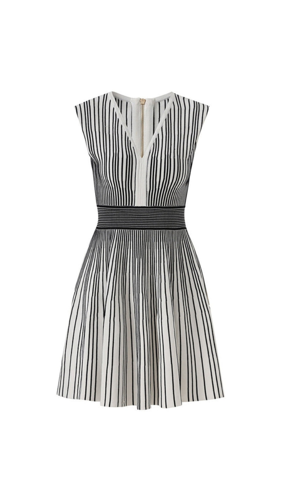 TWO-TONE V-NECK SLEEVELESS FLARED KNIT MINI DRESS