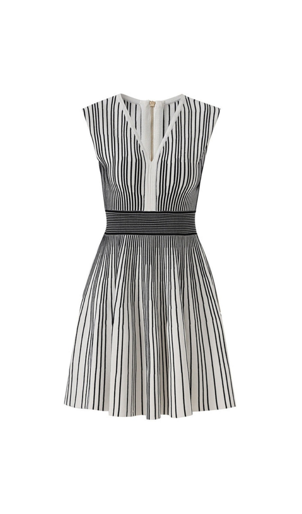 TWO-TONE V-NECK SLEEVELESS FLARED KNIT MINI DRESS