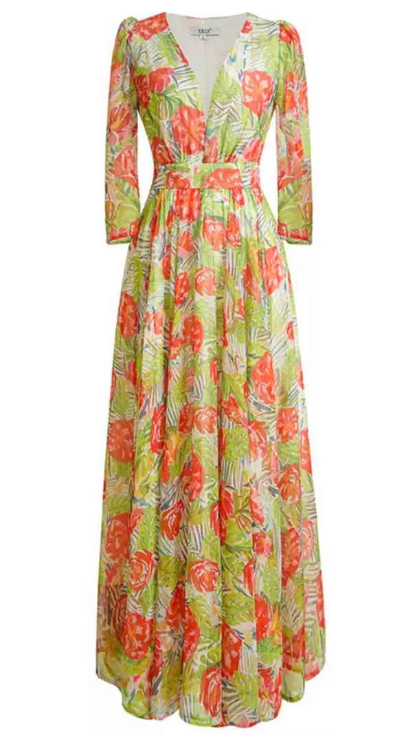 AIIZIE ELEGANT FLORAL GREEN MAXI DRESS WITH V - NECK AND BELT - product image