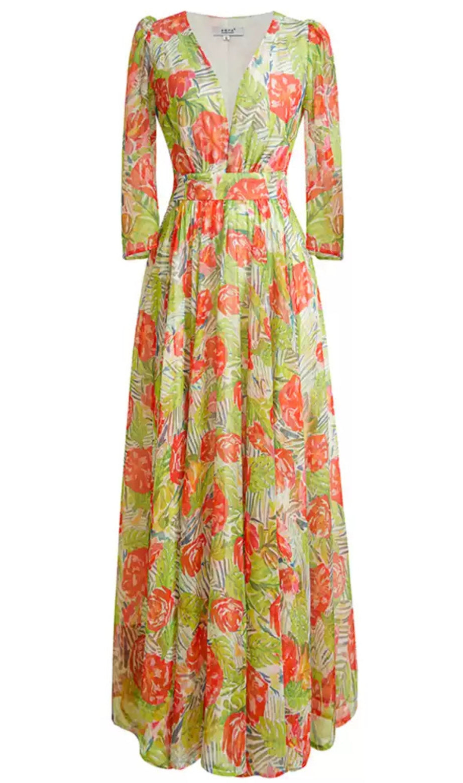 Elegant Floral Green Maxi Dress with V - Neck and Belt