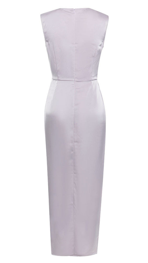 AIIZIE SATIN RUCHED SLIT BUTTON - TRIM MIDI DRESS IN LILAC - product image