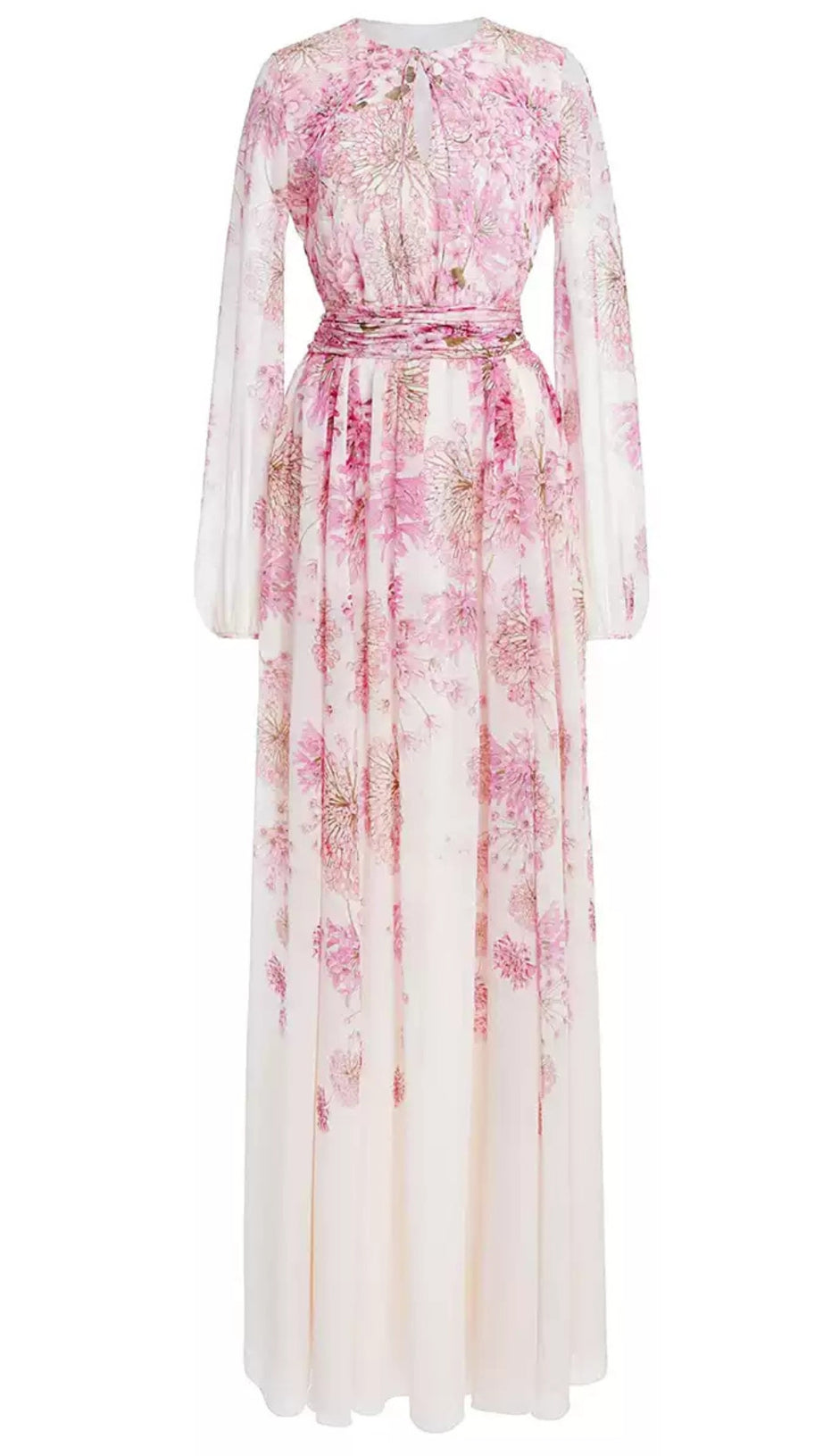 PINK FLORAL CHIFFON MAXI DRESS WITH SHEER SLEEVES