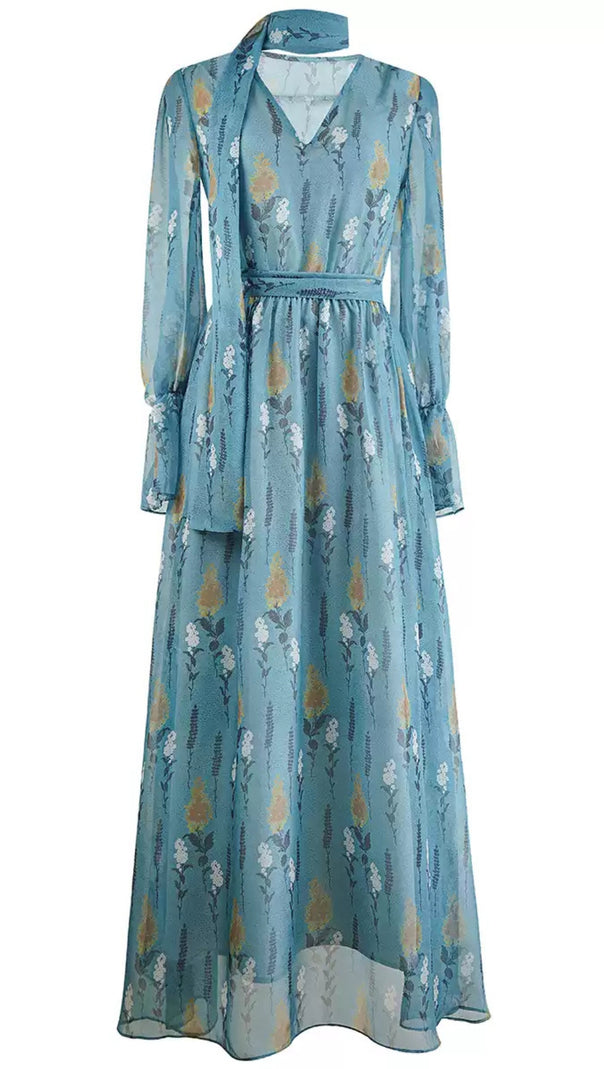AIIZIE BLUE FLORAL CHIFFON MAXI DRESS WITH TIE - NECK AND BELT - product image