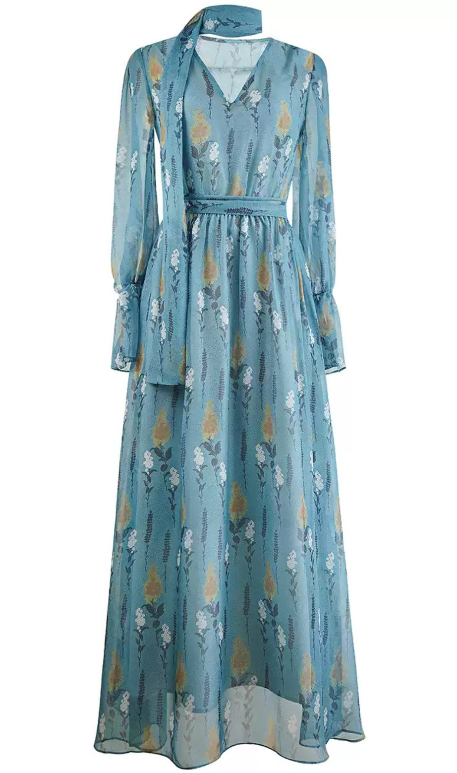 Blue Floral Chiffon Maxi Dress with Tie - Neck and Belt