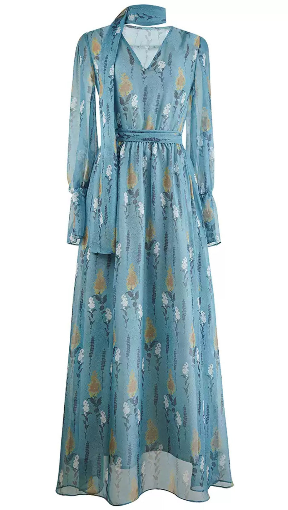 BLUE FLORAL CHIFFON MAXI DRESS WITH TIE - NECK AND BELT