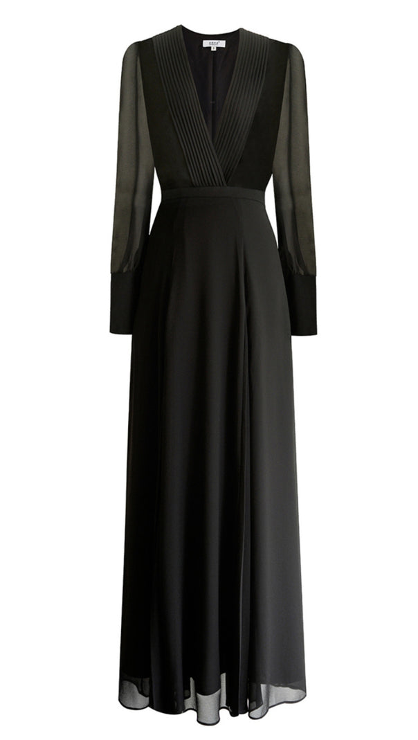 AIIZIE ELEGANT BLACK MAXI DRESS WITH DEEP V - NECK & LONG SLEEVES - product image
