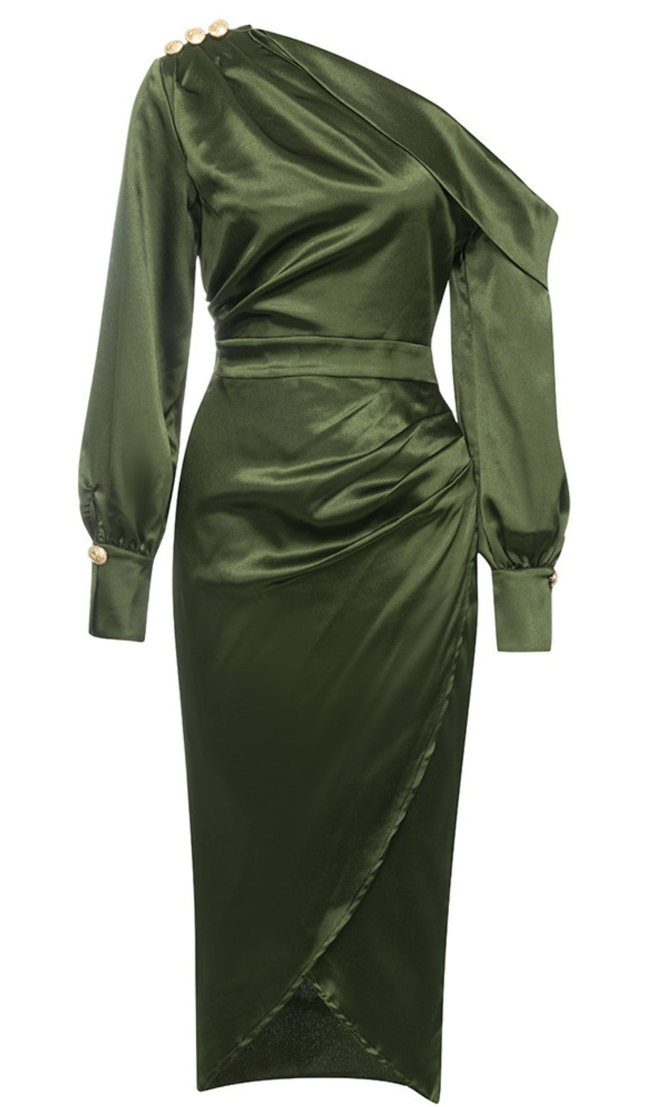 One - Shoulder Button - Detail Satin Midi Dress in Dark Green