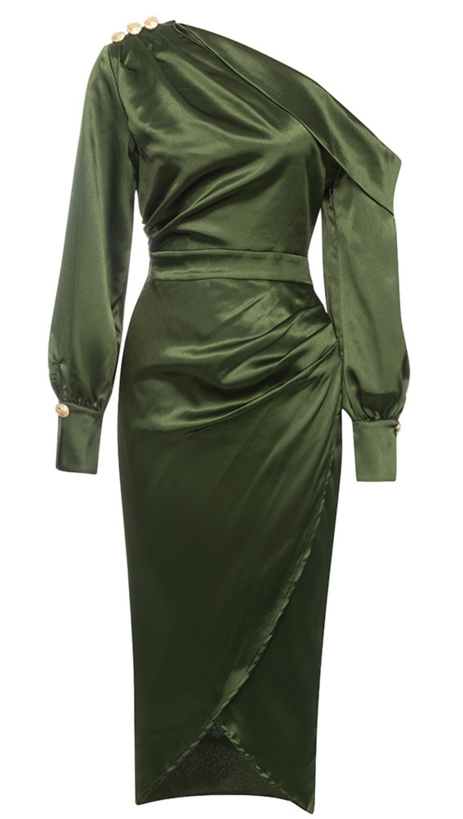 One-Shoulder-Midikleid aus Satin mit Knopfdetail in Dunkelgrün
