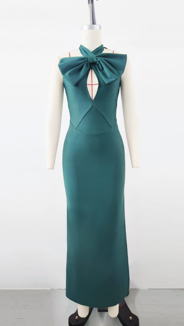 AIIZIE HALTER NECK BOW - DETAIL BODYCON MAXI DRESS IN GREEN - product image