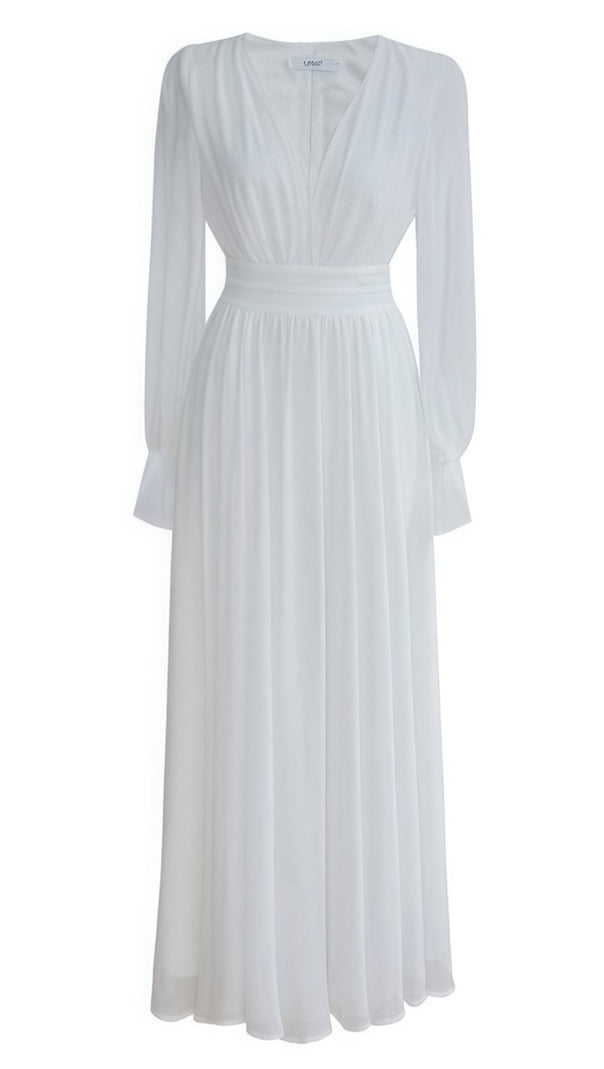 AIIZIE ELEGANT WHITE MAXI DRESS WITH V - NECK AND SHEER SLEEVES - product image