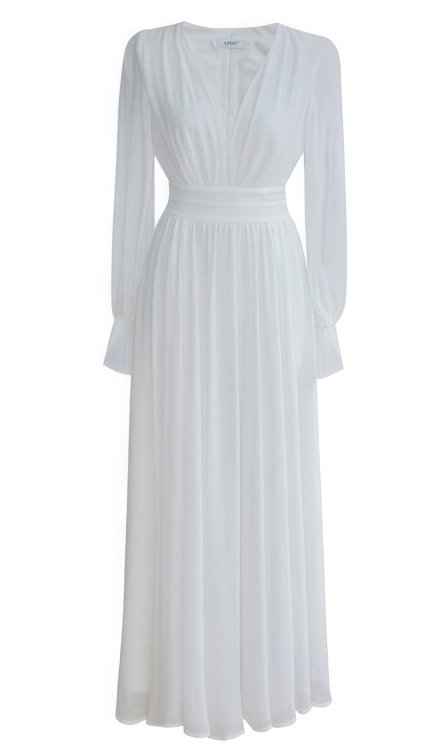 Elegantes weißes Maxikleid mit V-Ausschnitt und transparenten Ärmeln 