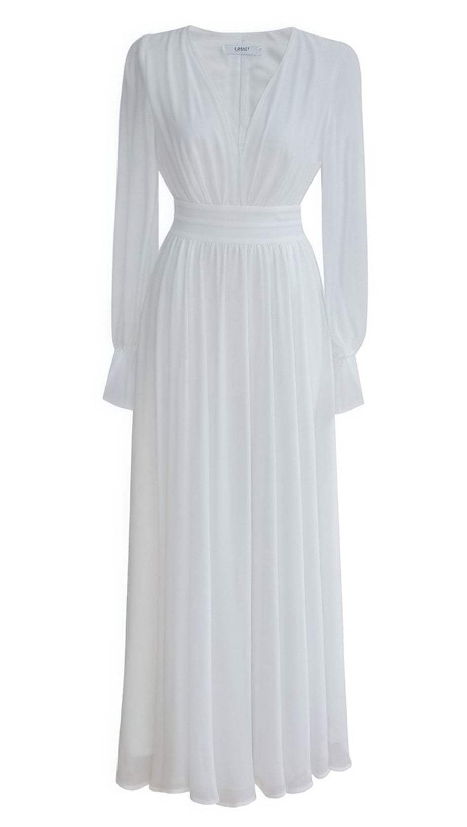ELEGANT WHITE MAXI DRESS WITH V - NECK AND SHEER SLEEVES
