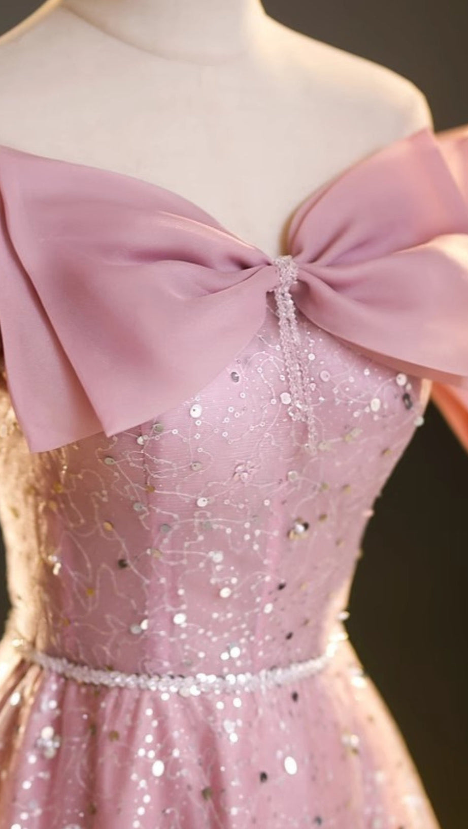 PINK SEQUIN OFF SHOULDER BOW PROM FORMAL MAXI DRESS