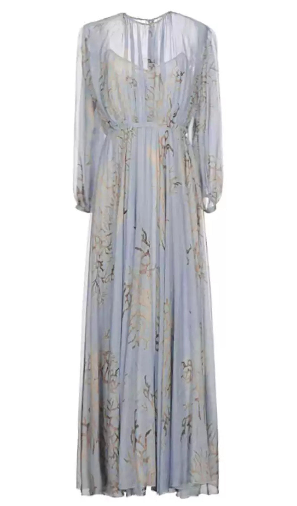 LIGHT BLUE CHIFFON MAXI DRESS WITH TREE PRINT MAXI DRESS