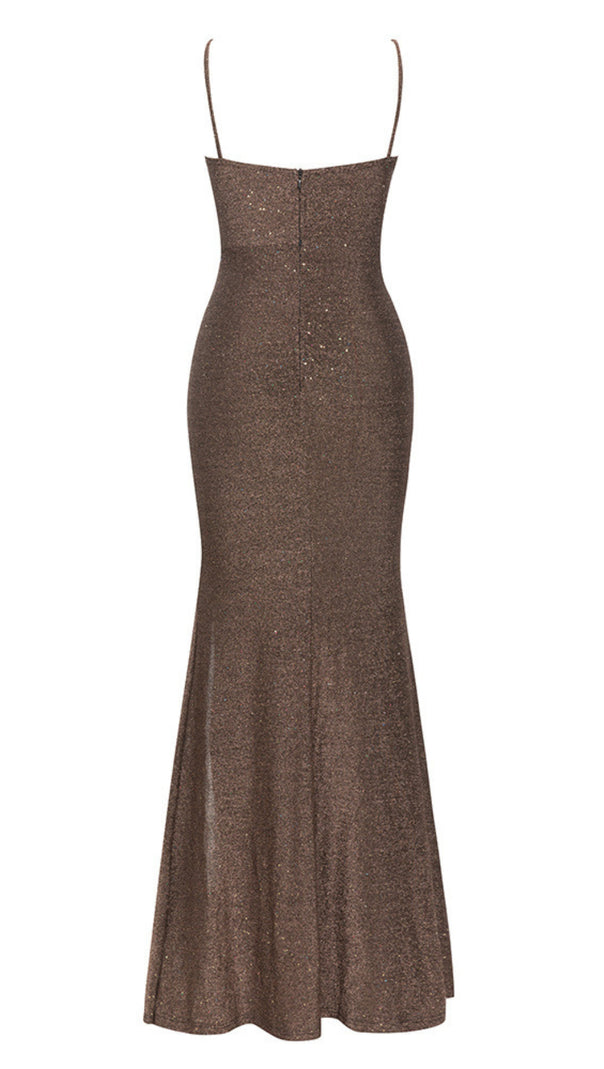 AIIZIE GLITTER RUCHED SLIT MAXI DRESS IN BRONZE - product image