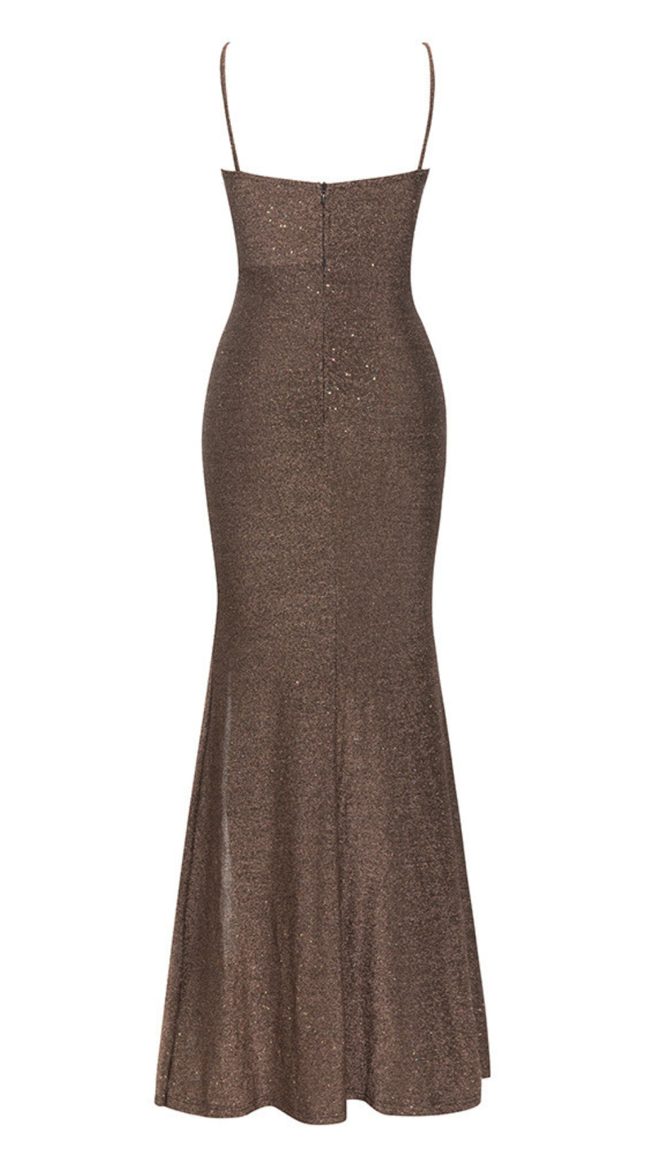 GLITTER RUCHED SLIT MAXI DRESS IN BRONZE
