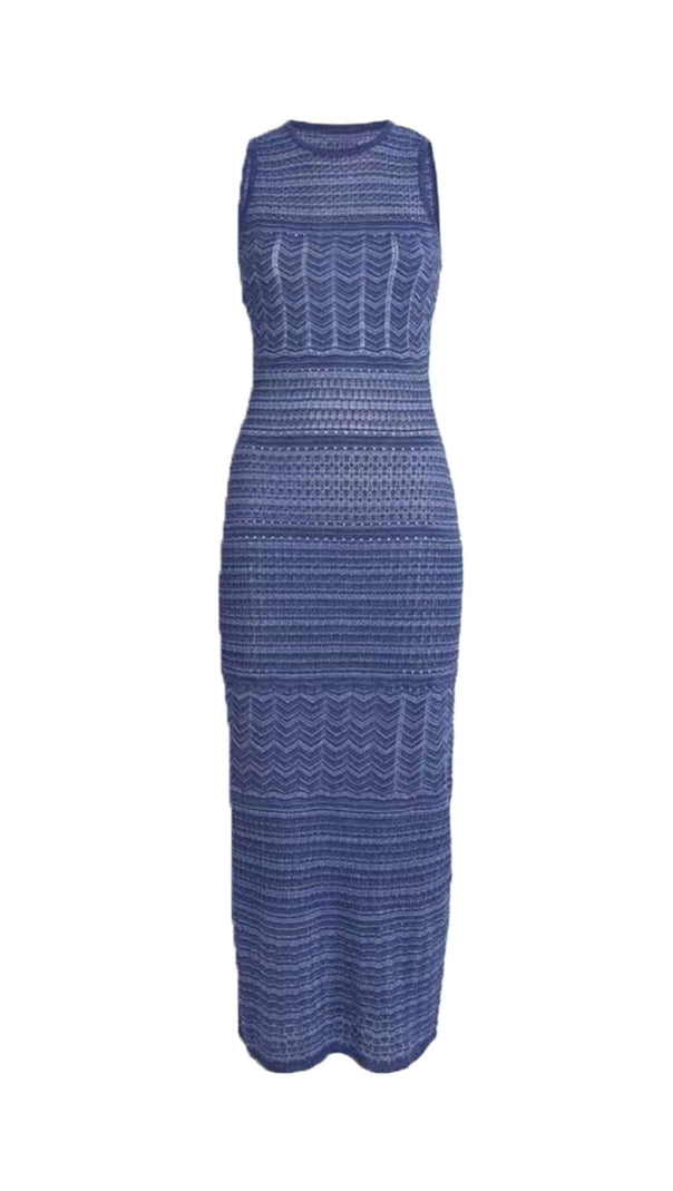 AIIZIE HOLLOW STRIPED SLEEVELESS KNIT MIDI DRESS IN ROYAL BLUE - product image
