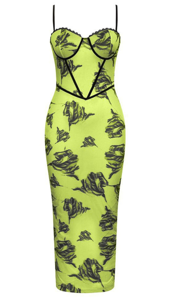 AIIZIE FLORAL PRINT CORSET - STYLE MIDI DRESS IN NEON GREEN - product image