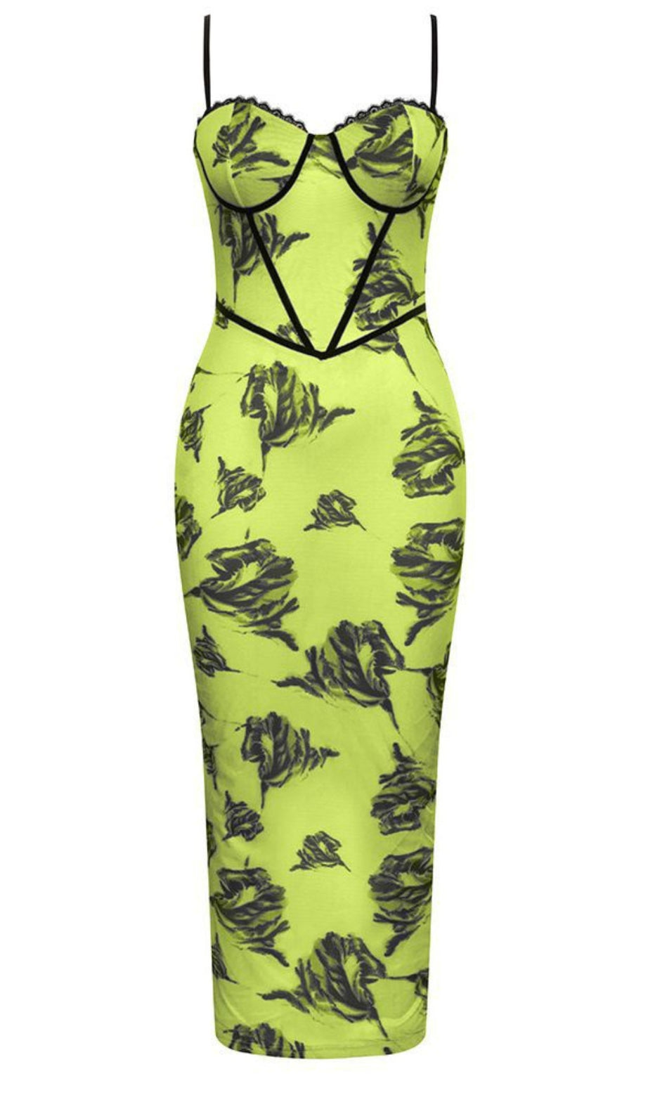 Abito midi con corsetto e stampa floreale in verde neon