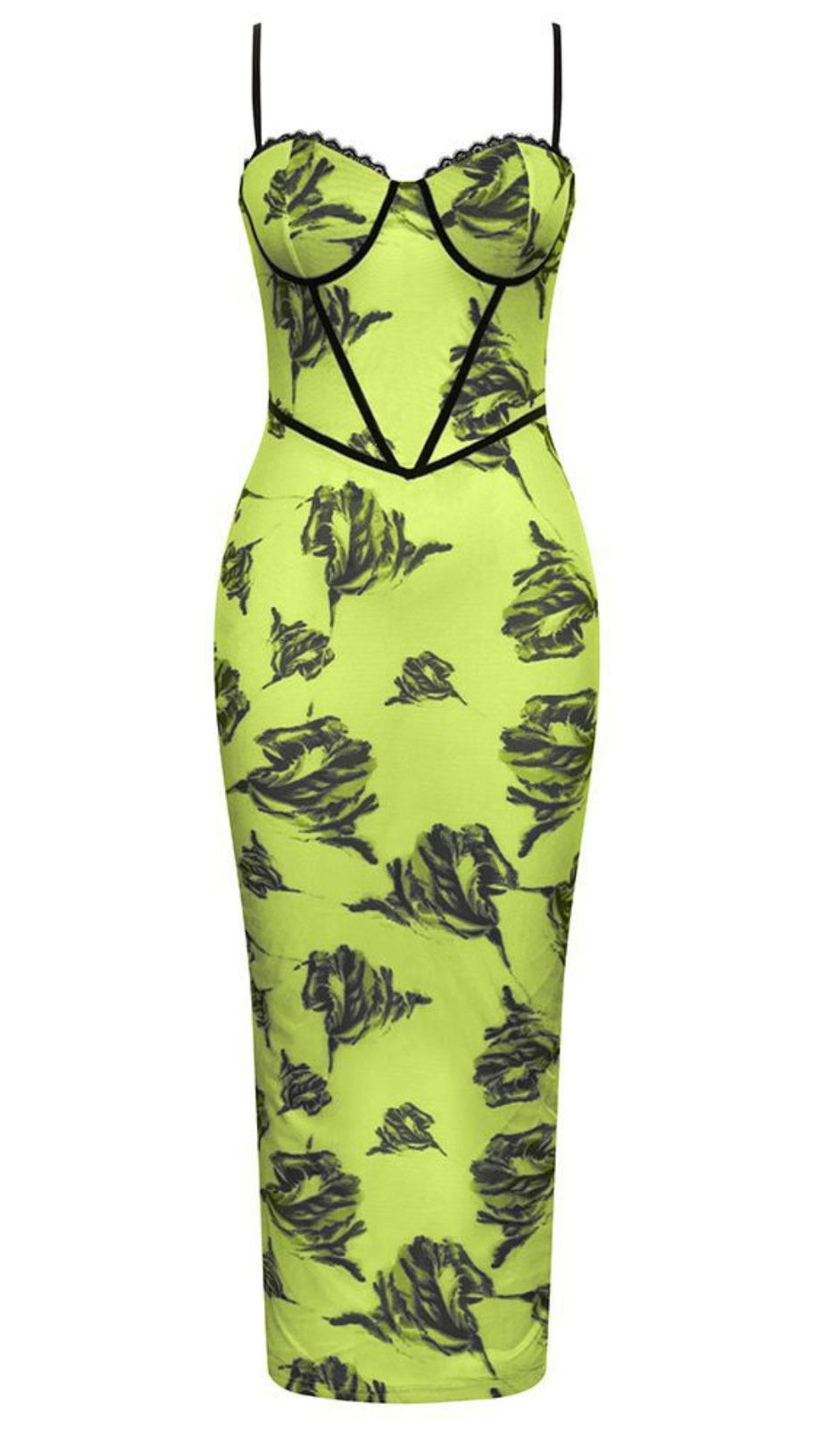 FLORAL PRINT CORSET - STYLE MIDI DRESS IN NEON GREEN