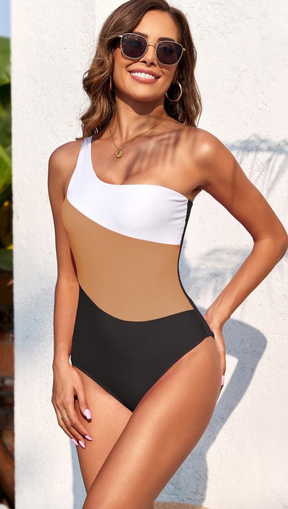 TRI-COLOR COLORBLOCK ONE-SHOULDER SWIMSUIT