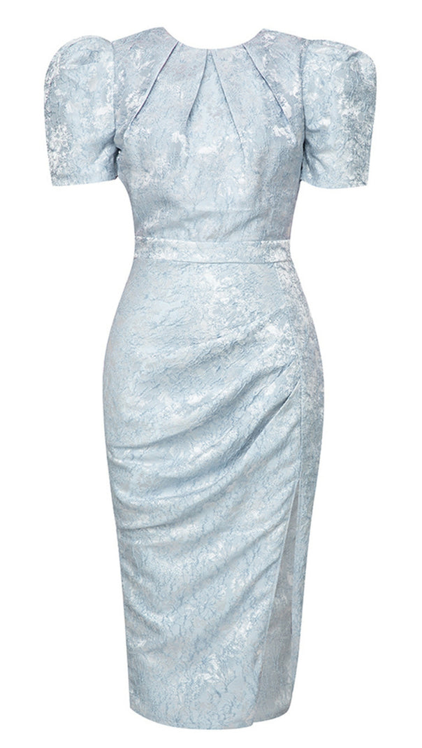 AIIZIE FLORAL - JACQUARD PUFF - SLEEVE MIDI DRESS IN BLUE - product image