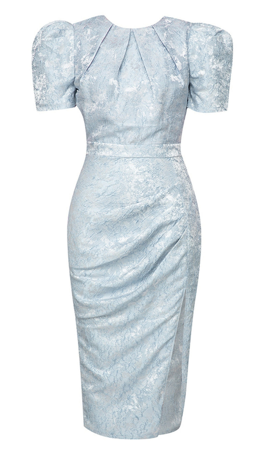 Floral - Jacquard Puff - Sleeve Midi Dress in Blue