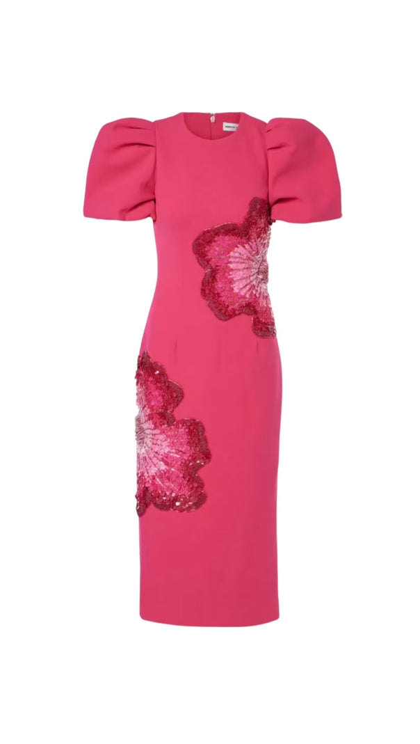 AIIZIE SEQUIN FLOWER EMBELLISHED PUFF SLEEVE MIDI DRESS IN PINK - product image