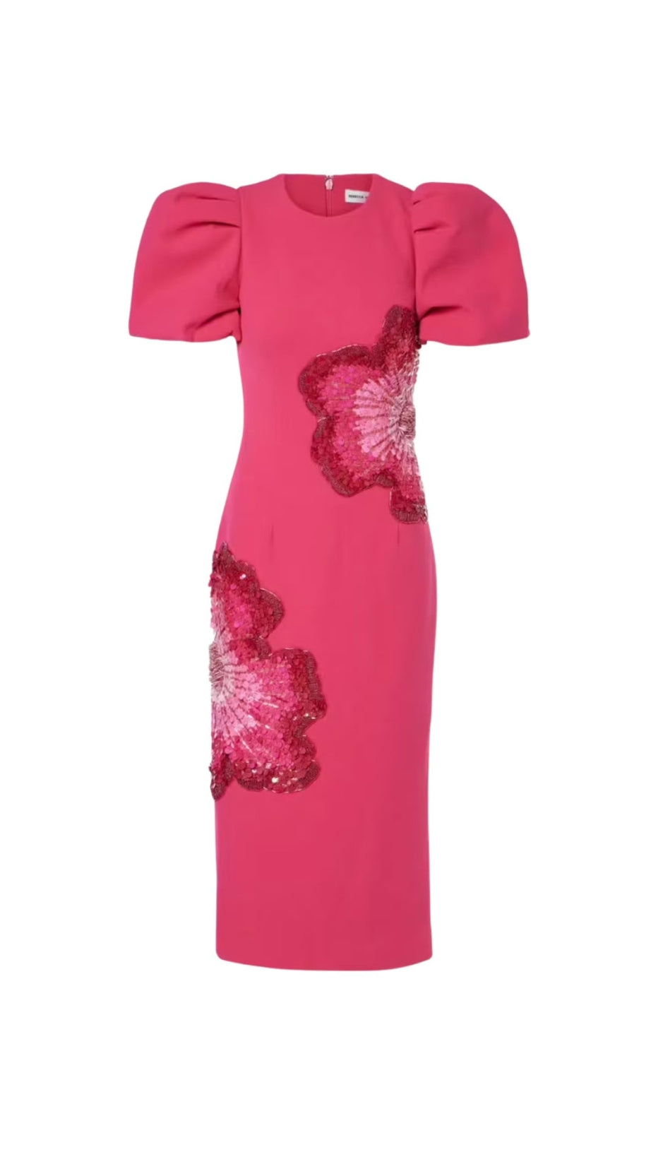 SEQUIN FLOWER EMBELLISHED PUFF SLEEVE MIDI DRESS IN PINK