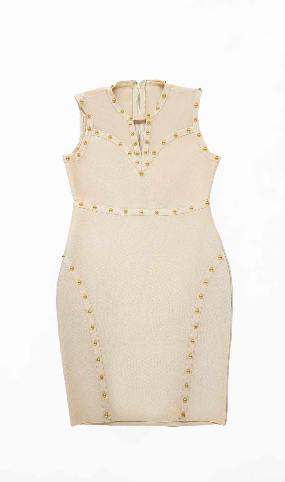 Mini abito aderente senza maniche con borchie in beige