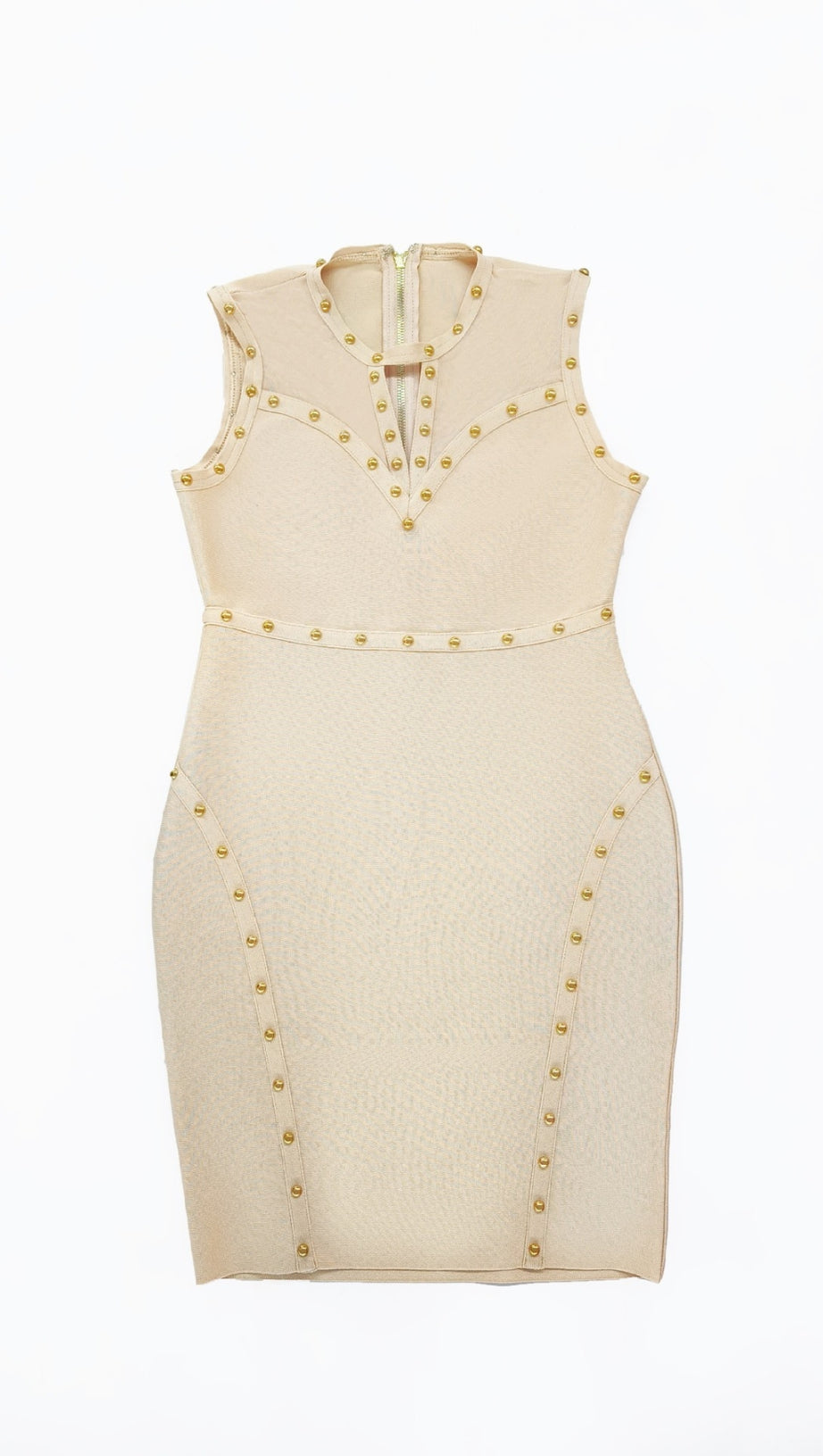 STUDDED SLEEVELESS BODYCON MINI DRESS IN BEIGE