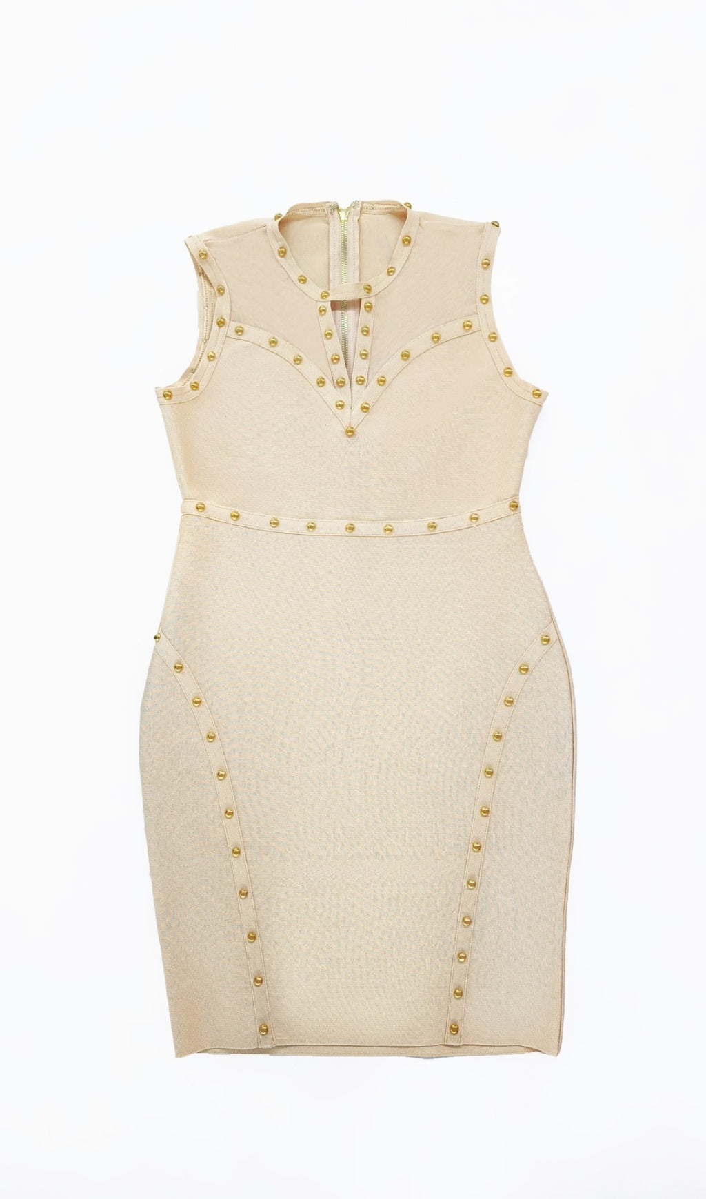 STUDDED SLEEVELESS BODYCON MINI DRESS IN BEIGE