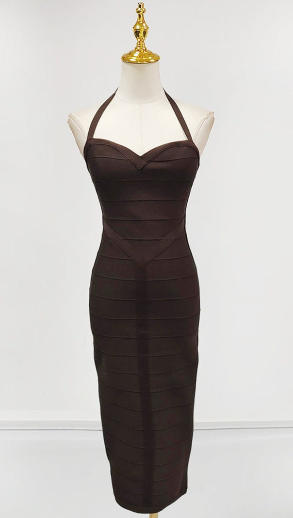 AIIZIE CHOCOLATE HALTER BODYCON MIDI BANDAGE DRESS - product image